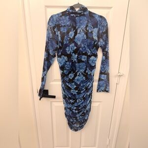Alice + Olivia Black and Blue Floral Long-Sleeve Ruched Dress
